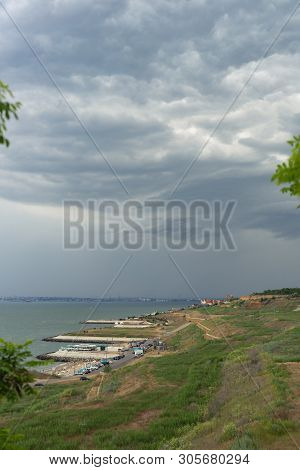 Storm Clouds Over The Sea And The City.coastal Village Liski. Odessa Region. Ukraine.