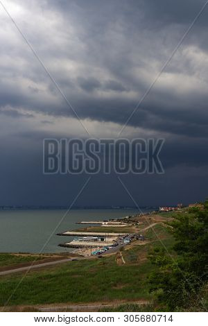 Storm Clouds Over The Sea And The City.coastal Village Liski. Odessa Region. Ukraine.