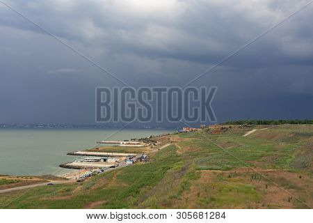 Storm Clouds Over The Sea And The City.coastal Village Liski. Odessa Region. Ukraine.