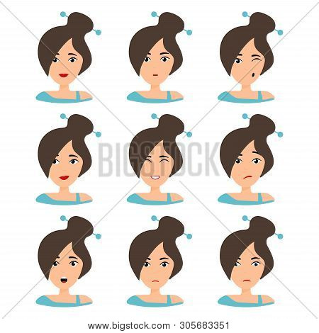 Beautiful Woman Portrait With Different Facial Expressions Set Isolated. Brunette With Ponytale. Fem