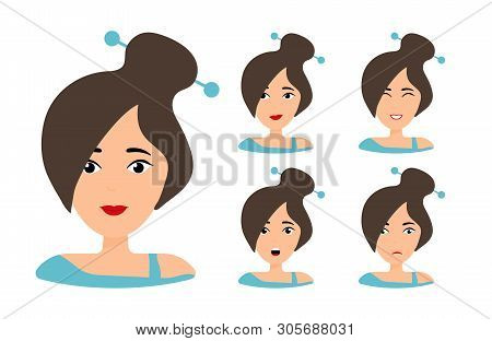 Beautiful Woman Portrait With Different Facial Expressions Set Isolated. Brunette With Ponytale. Fem