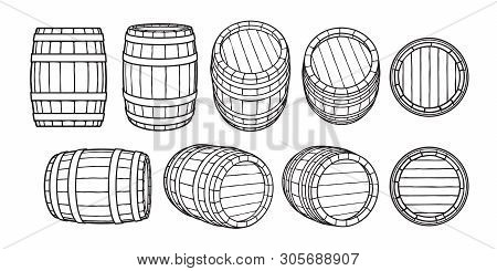 Set Of Wooden Barrels In Different Positions. Front And Side View, Black At Different Angles Vector 