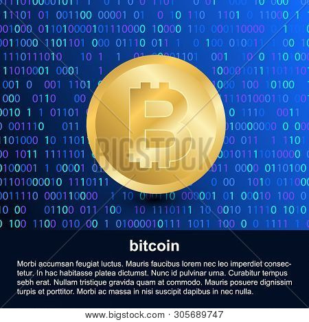 Vector Illustration. Bitcoin Element On Digital Modern Background. Gold Bitcoin Gradient. Poster Wit
