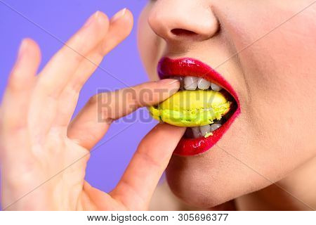 Girl Eat Tasty Macaroon Cookies. Woman With Delicacy Macaroon. Pastry Macaroon. Cooking, Confectione