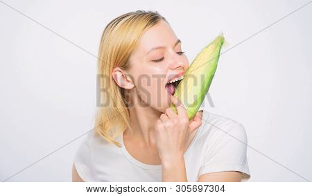 Corn Crop. Vitamin Dieting Food. Farming, Farmer Girl With Maize. Agriculture And Cultivation. Healt