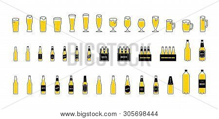 Beer Glasses And Bottles With Foam And Bubbles, Icons Set. Vector