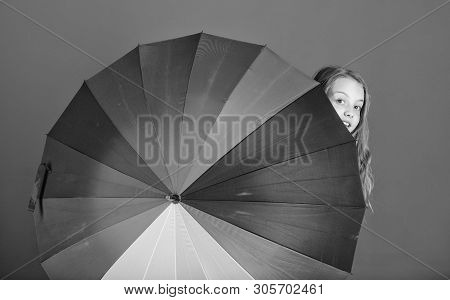 Weather Forecast Concept. Stay Positive Though Rainy Day. Brighten Up Life. Kid Peek Out Colorful Ra