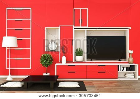 Tv On Cabinet In Japanese Modern Living Room With Low Table,lamp And Plant On Living Coral Wall Back