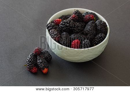 Fresh Organic Vietnamese Mulberry On Grey Background In Green Bowl