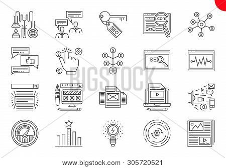 Seo Line Icons Set. Seo Related Vector Line Icons. Website And App Design And Development. Simple Mo