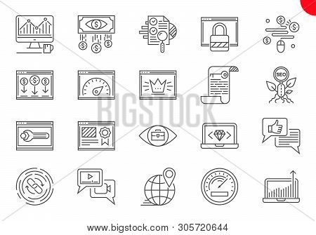 Seo Line Icons Set. Seo Related Vector Line Icons. Website And App Design And Development. Simple Mo