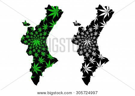 Valencian Community (kingdom Of Spain, Autonomous Community) Map Is Designed Cannabis Leaf Green And