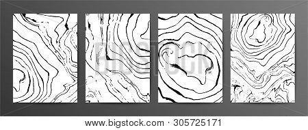 Monochrome Marbled Paper Vector Illustrations Set. Black And White Hand Drawn Backgrounds With Liqui