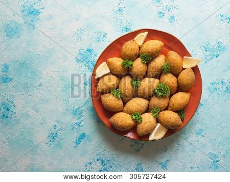 Arabic Meat Appetizer Kibbeh. Traditional Arabic Kibbeh With Lamb And Pine Nuts.