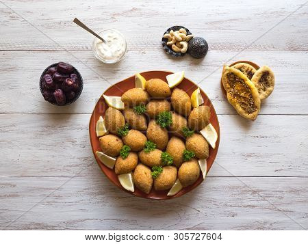 Arabic Meat Appetizer Kibbeh. Traditional Arabic Kibbeh With Lamb And Pine Nuts.