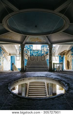 Tskaltubo, Georgia - April 27, 2019: Detail Of The Abandoned Soviet Sanatorium Iveria In Tskaltubo, 