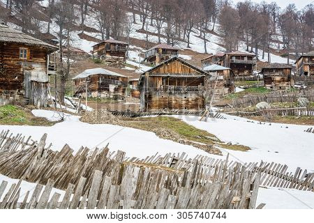 Goderdzi, Georgia - May 8, 2017. Traditional Wooden Houses In Georgian Mountains