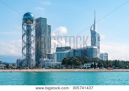 Batumi, Georgia - 08.05.2019: View From Sea To Resort Town Cityscape With Skyscrapers And Alphabet T