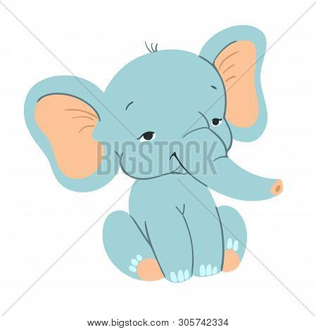 Cute Baby Elefant Sitting. Funny Blue Elefant With For Design