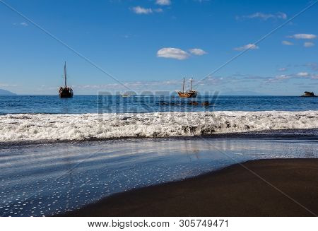 Beautiful And Quiet Beach Masca. Pirate Ship Coming To The Island.. Volcanic Island. Mountains Of Th