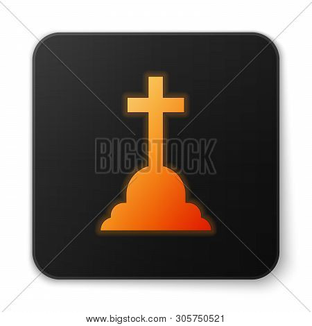 Orange Glowing Tombstone With Cross Icon Isolated On White Background. Grave Icon. Black Square Butt