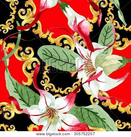 Red White Strophantus Floral Flowers. Watercolor Background Illustration Set. Seamless Background Pa