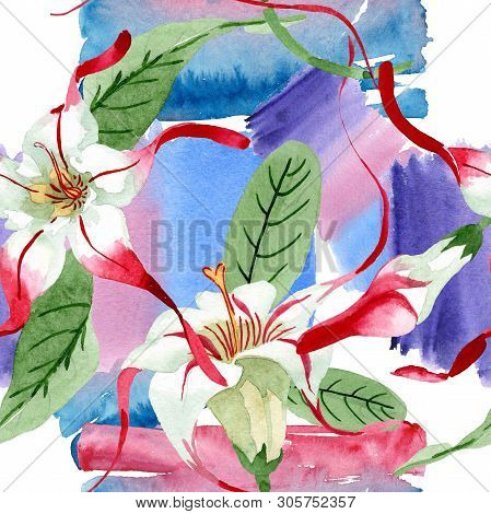 Red White Strophantus Floral Flowers. Watercolor Background Illustration Set. Seamless Background Pa