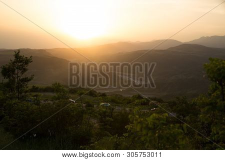 Beautiful Landscape In The Mountains With The Sun At Dawn. Mountains At The Sunset Time. Azerbaijan 