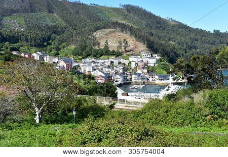 O Barqueiro, Spain. Small Fishing Village With Trees.