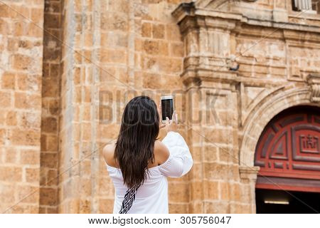 Beautiful Woman Taking Pictures Of The San Pedro Claver Church Located In The Walled City Of Cartage