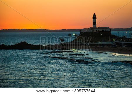 Salvador, Brazil: Portrait Of The Farol Da Barra Salvador Brazil Lighthouse. Beautiful Landscape Wit