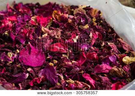 Different Herbs In Bags On A Street Market In Lagich, Azerbaijan.