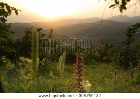 Beautiful Landscape In The Mountains With The Sun At Dawn. Mountains At The Sunset Time. Azerbaijan 