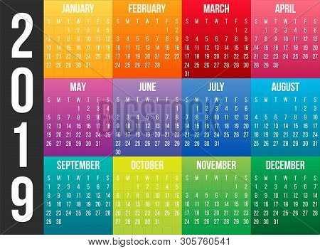 Creative Illustration Of 2019 Year Colorful Calendar Isolated On Background. Art Design Blank Mockup