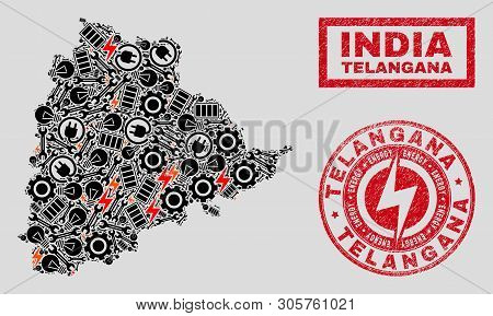 Composition Of Mosaic Power Supply Telangana State Map And Grunge Watermarks. Mosaic Vector Telangan
