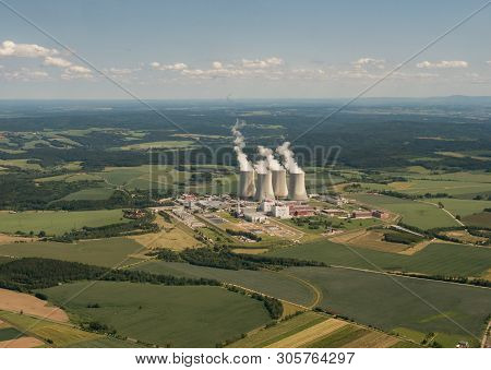Aerial View On Nuclear Power Plant Temelin In The Czech Republic. Operating Buildings And Control Ro