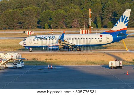 Antalya / Turkey - June 6, 2019: Boing 737-800 From Sunexpress Rolls Over The Airfield At Airport An