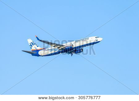 Antalya / Turkey - June 6, 2019: Boing 737-800 From Sunexpress Flies Over Airport Antalya, Turkey.