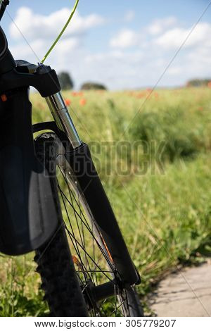 Part Of The Front Wheel With Resors Against The Background Of The Spring Green Rye Field And Red Pop