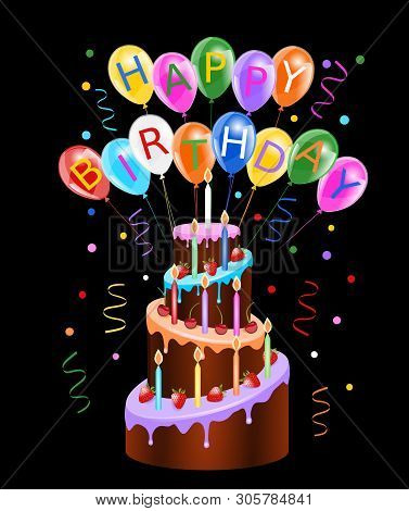 Birthday Greeting Card With Colorful Balloons And Birthday Cake