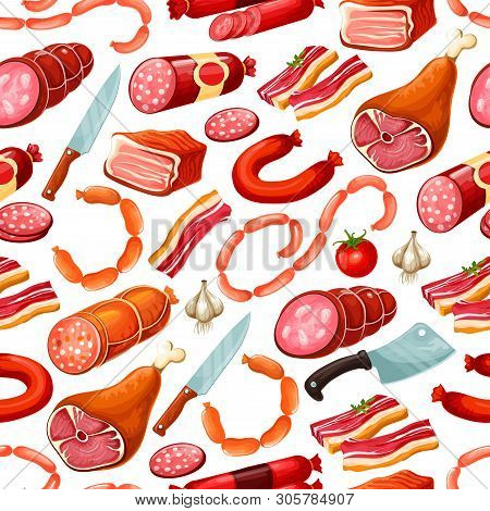Butcher Shop Farm Meat And Natural Sausages Seamless Pattern. Vector Background Of Butchery Meat Gas
