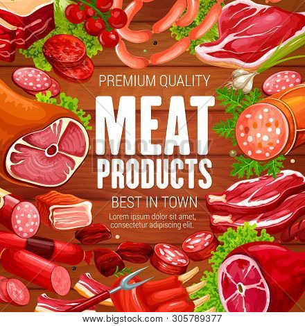 Butcher Shop Meat And Sausages, Natural Butchery Farm Products. Vector Salami And Cervelat Sausages,