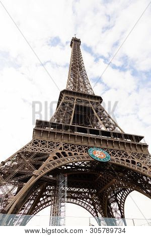Paris, Île-de-france/france - May 31: Roland Garros Tennis Tournament Logo Decorating The Eiffel Tow