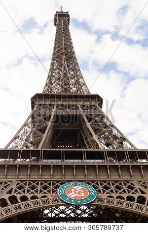 Paris, Île-de-france/france - May 31: Roland Garros Tennis Tournament Logo Decorating The Eiffel Tow