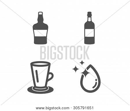 Set Of Scotch Bottle, Brandy Bottle And Teacup Icons. Water Drop Sign. Brandy Alcohol, Whiskey, Tea 
