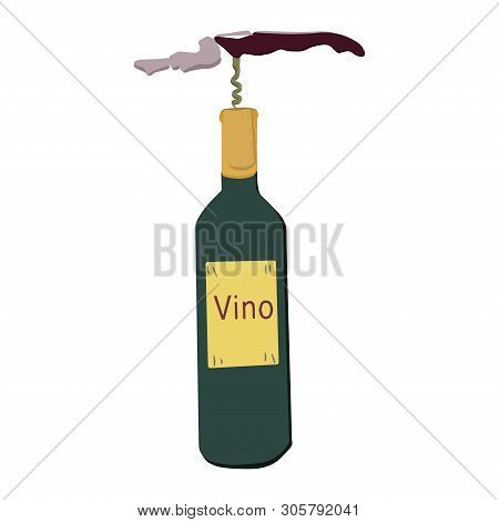 Hand Drawn Corkscrew And Bottle Of Wine. Illustration On White Background. Wine Cork Screw.  Design 
