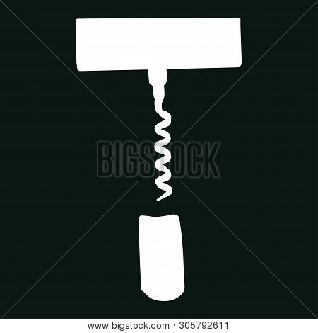 Hand Drawn White Corkscrew Illustration On Black Background. Wine Cork Screw, Bottle Opener Equipmen