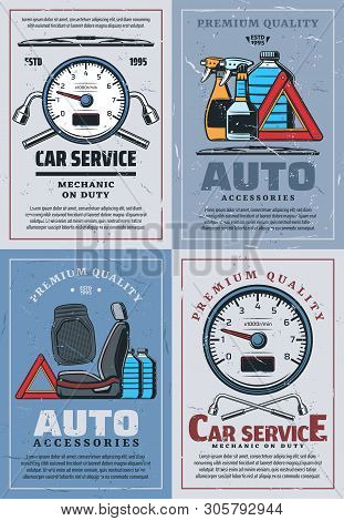 Car Service Center, Mechanic Diagnostic And Repair Garage Station Posters. Vector Automobile Parts A