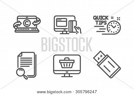 Search File, Copywriting Notebook And Web Shop Icons Simple Set. Quick Tips, Online Payment And Usb 