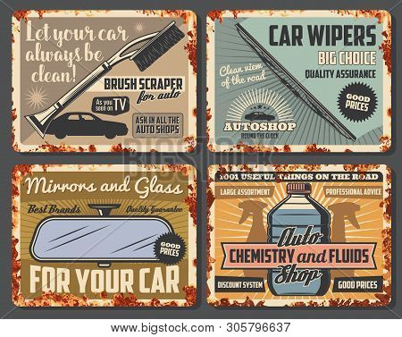 Car Accessories, Vehicle Spare Parts And Auto Fluids Shop Rusty Vintage Posters. Vector Windshield W